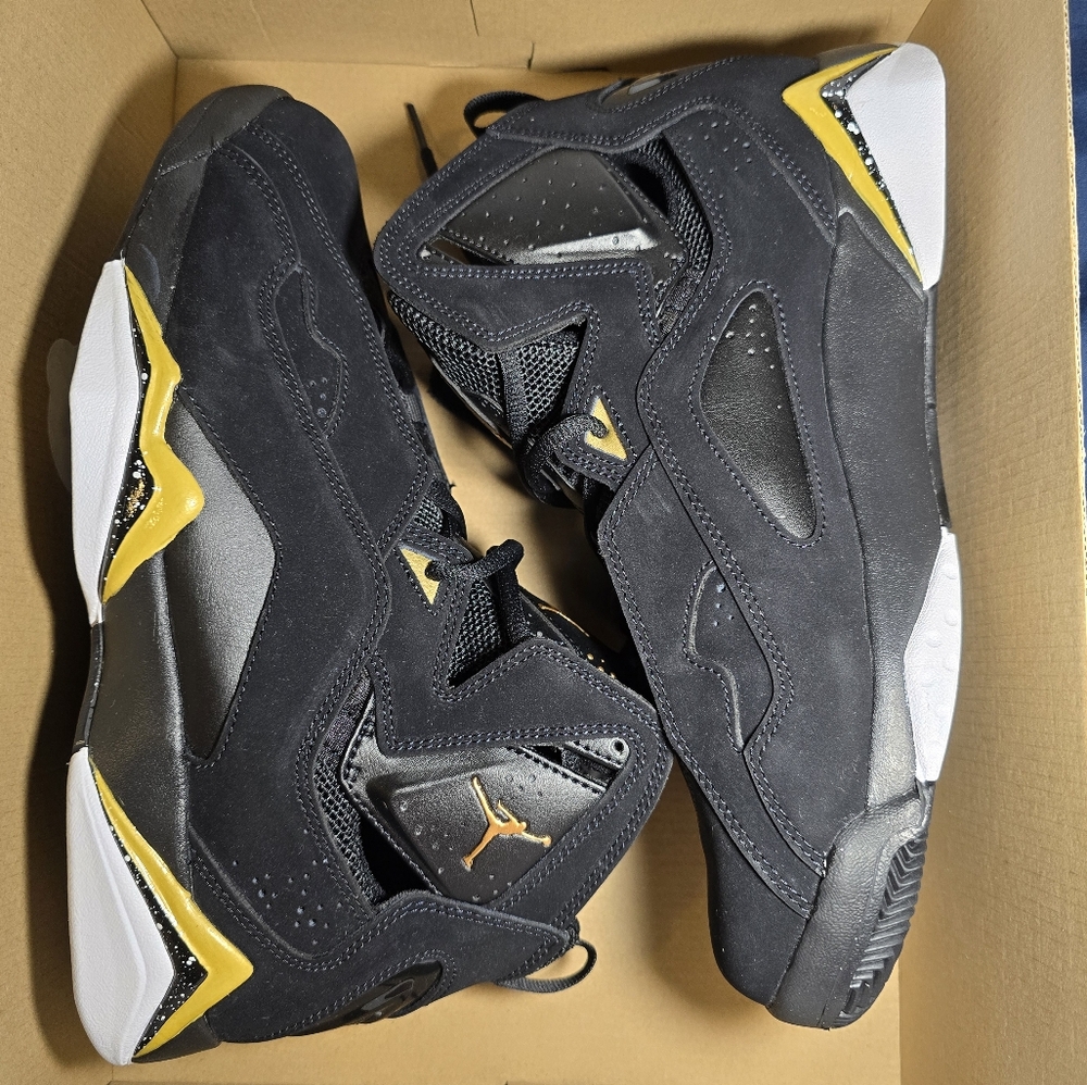 Jordan True Flight Black and Metallic Gold Sneakers 9.5